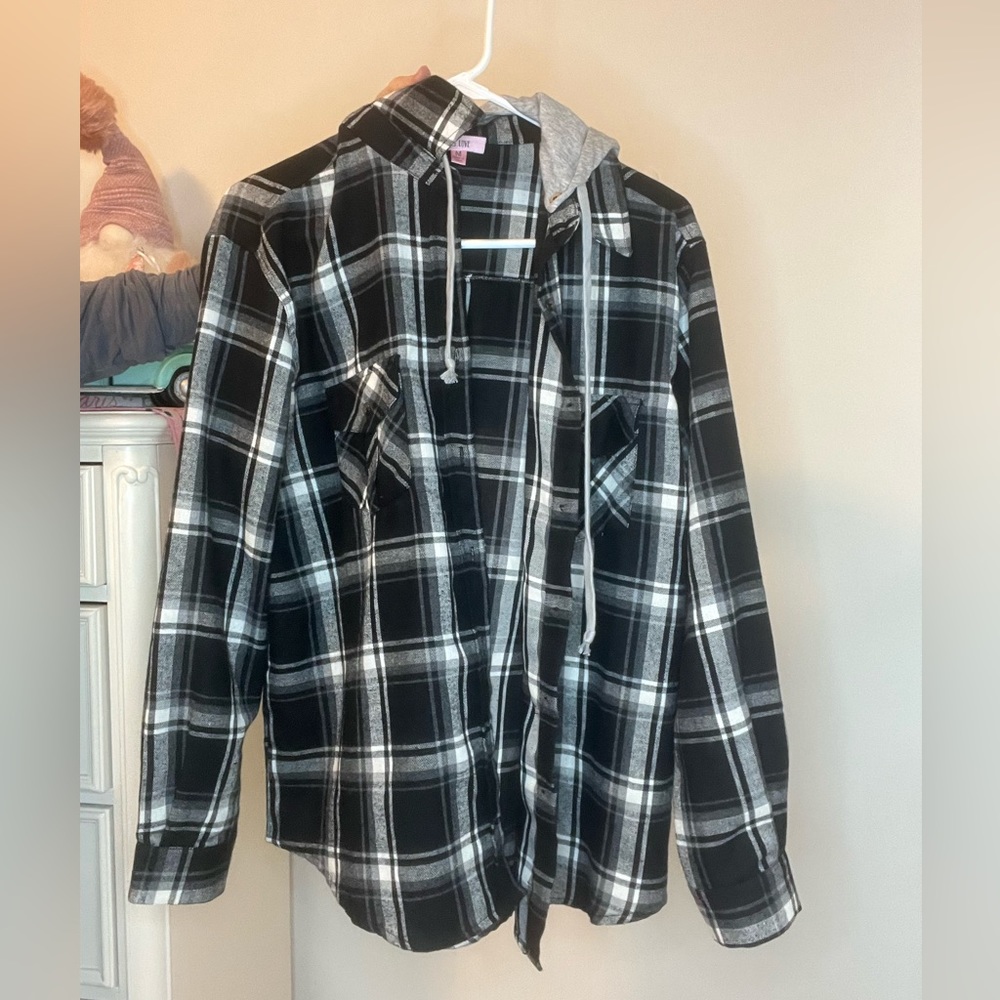 PS I love you black and white hooded Boutique Plaid Shacket